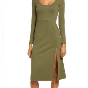 Leith Scoop Neck Olive  Green Long Sleeve midi Dress with side slit. Women’s XXS
